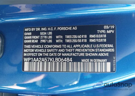 2019 Porsche Macan z USA, uszkodzony, nr VIN WP1AA2A57KLB06484